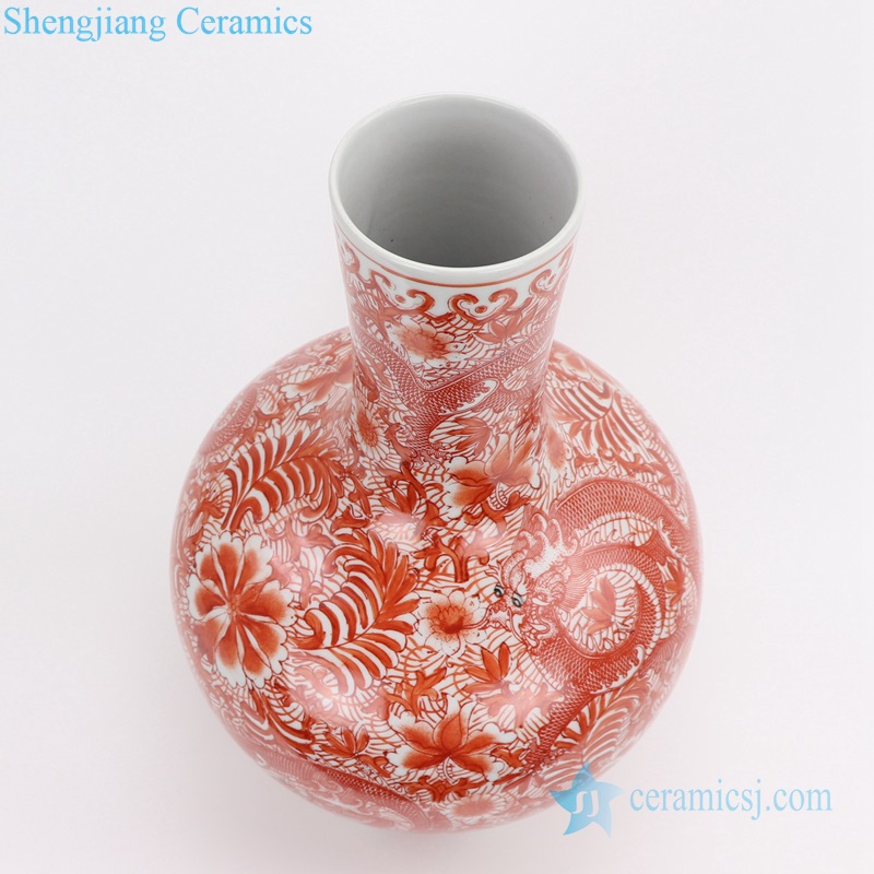 Beautiful red dragon pattern enamel vase top view