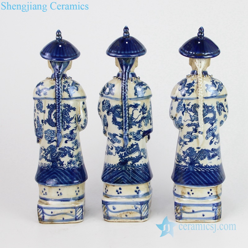 Traditional style blue and white figurine back view