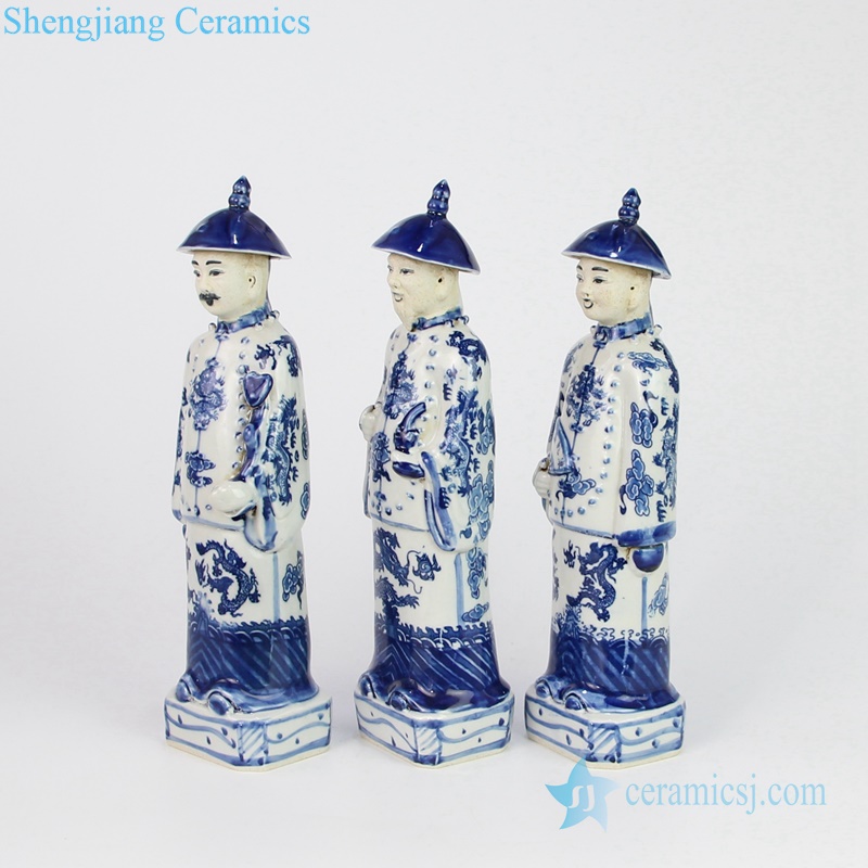 Traditional style blue and white figurine side view