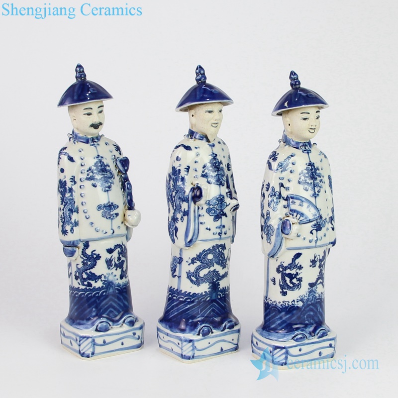 Traditional style blue and white figurine side view
