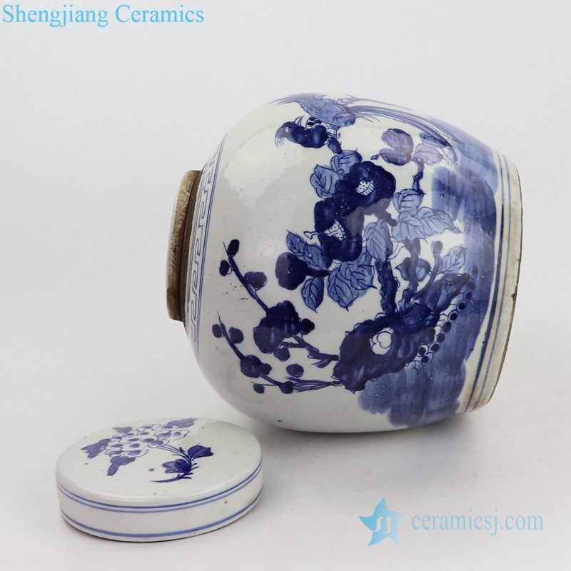 Blue and white retro ceramic tea jar side view