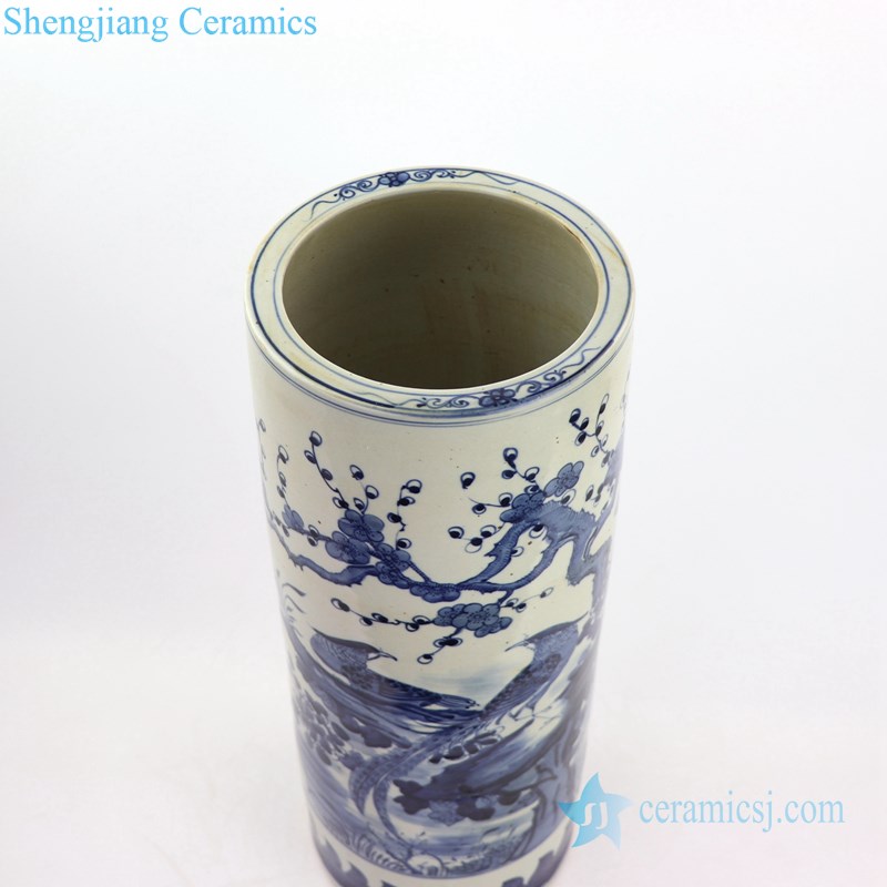 Blue and white ceramic umbrella stand front bottle view
