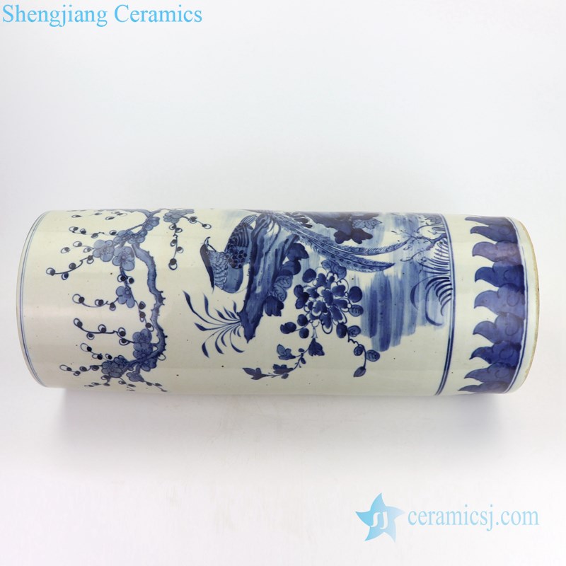 Blue and white ceramic umbrella stand front side view