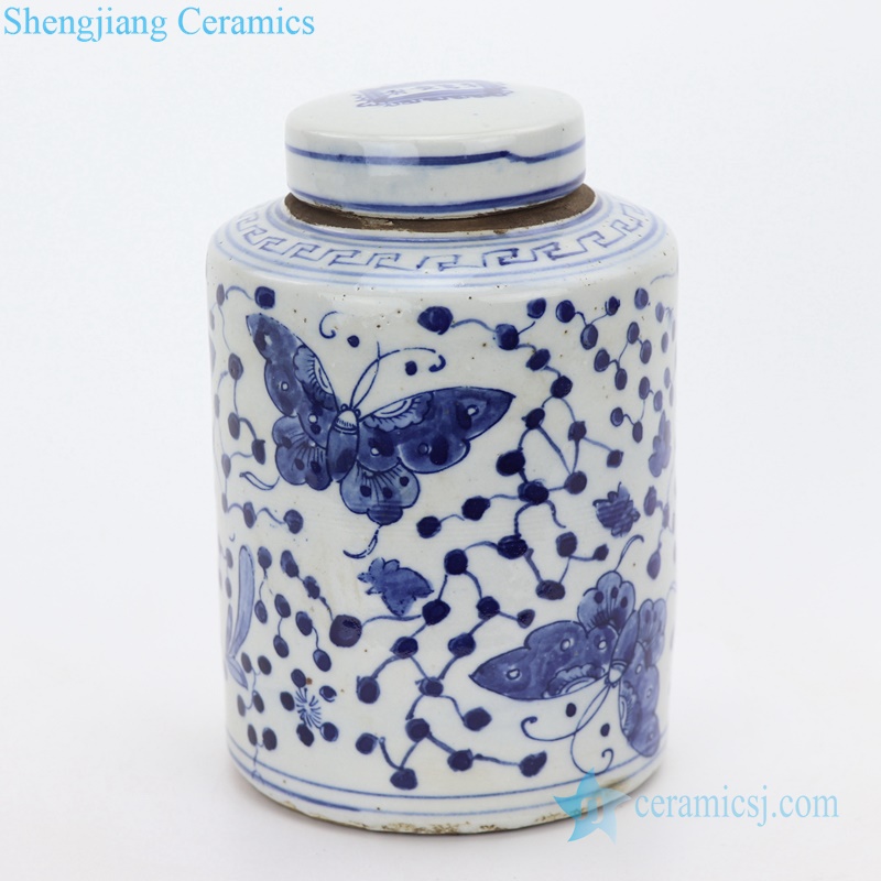 Antique blue and white ceramic pot butterfly pattern