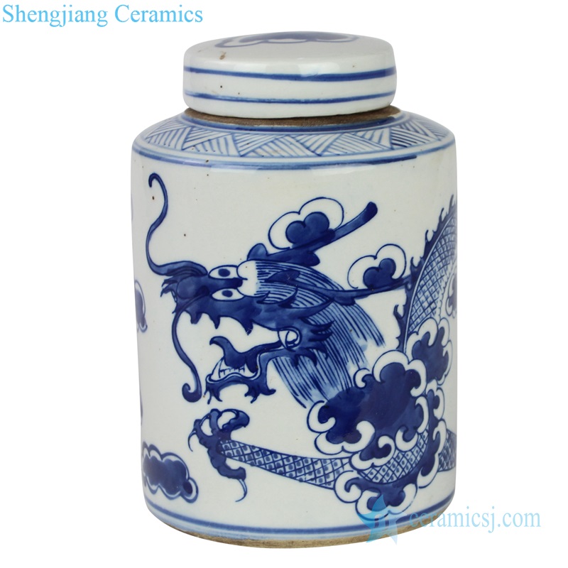 Antique blue and white ceramic pot dragon pattern