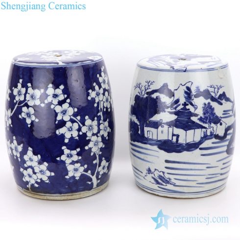 Drum blue and white plum landscape ceramic stool