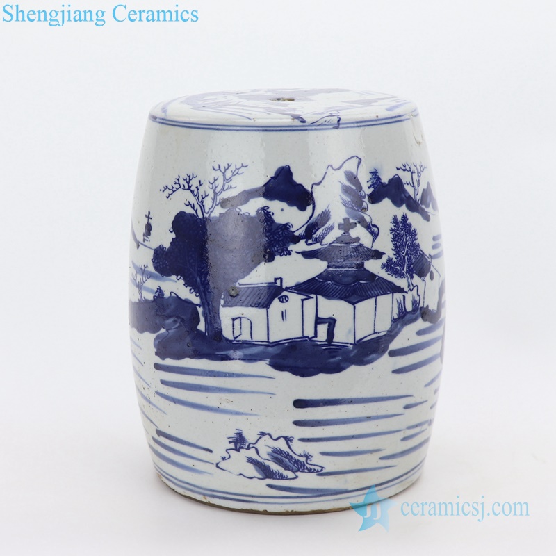 Drum blue and white landscape ceramic stool