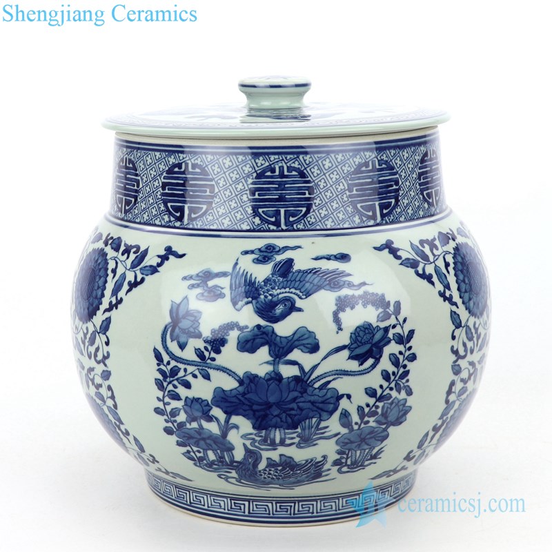 Blue and white hand-painted tea pot front view 