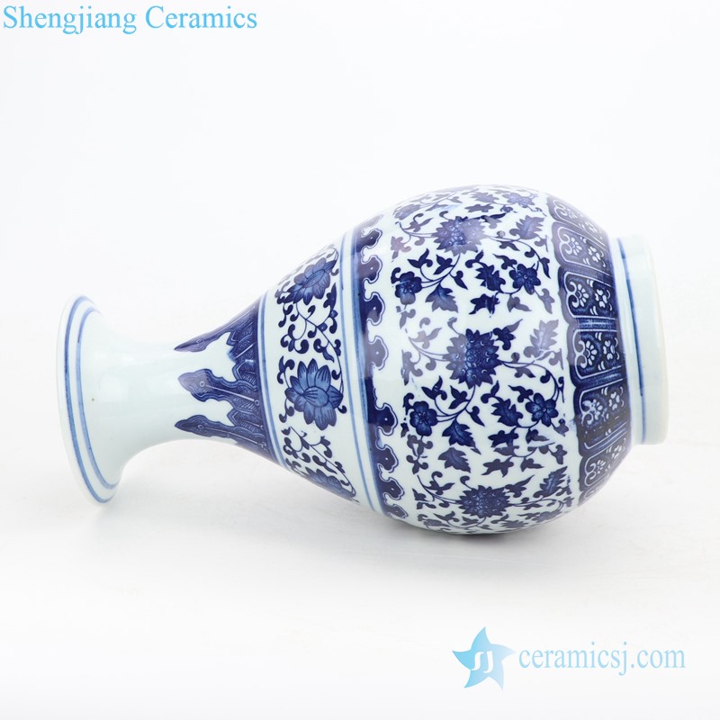 Beautiful blue and white ceramic vase bottle side view 