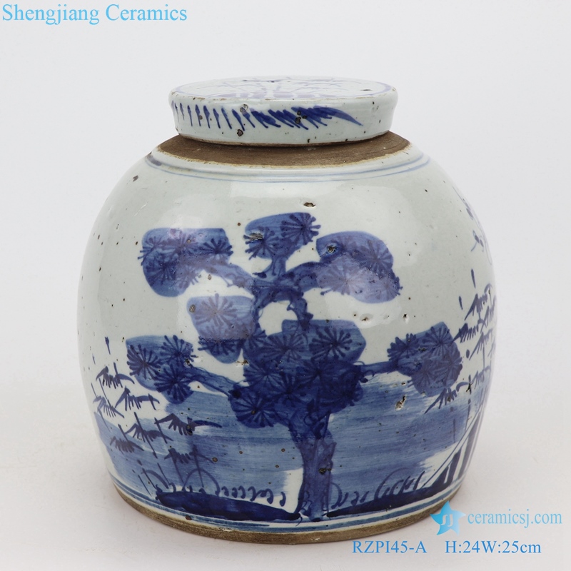  blue and white porcelain tea canister front view 