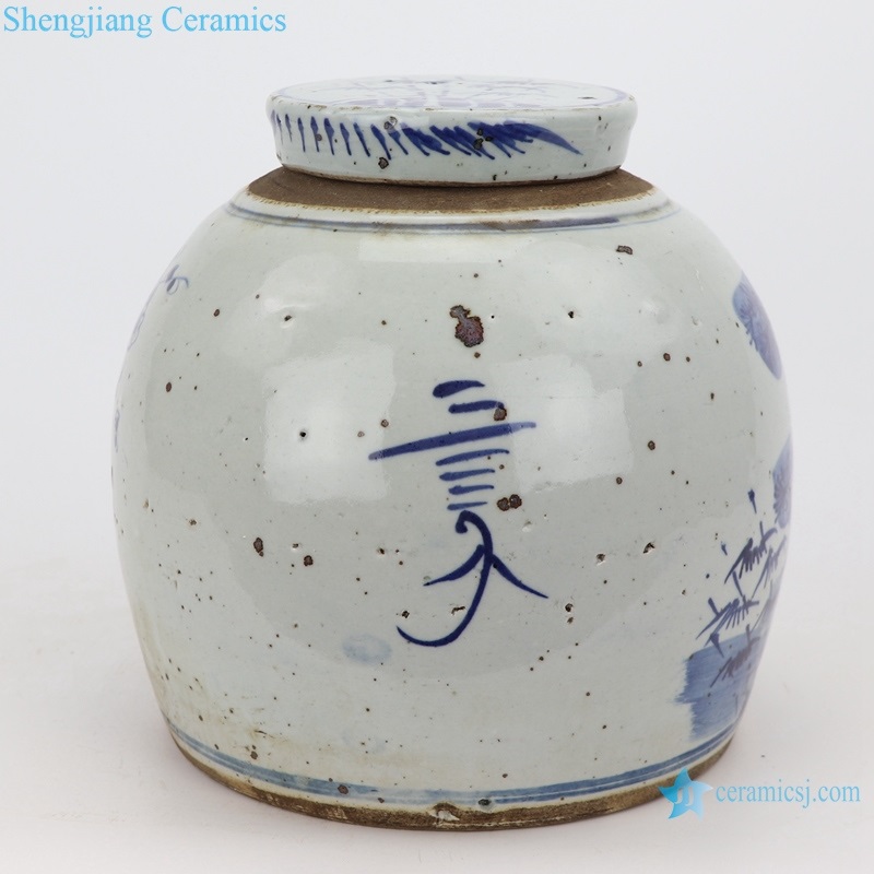  blue and white porcelain tea canister back view 