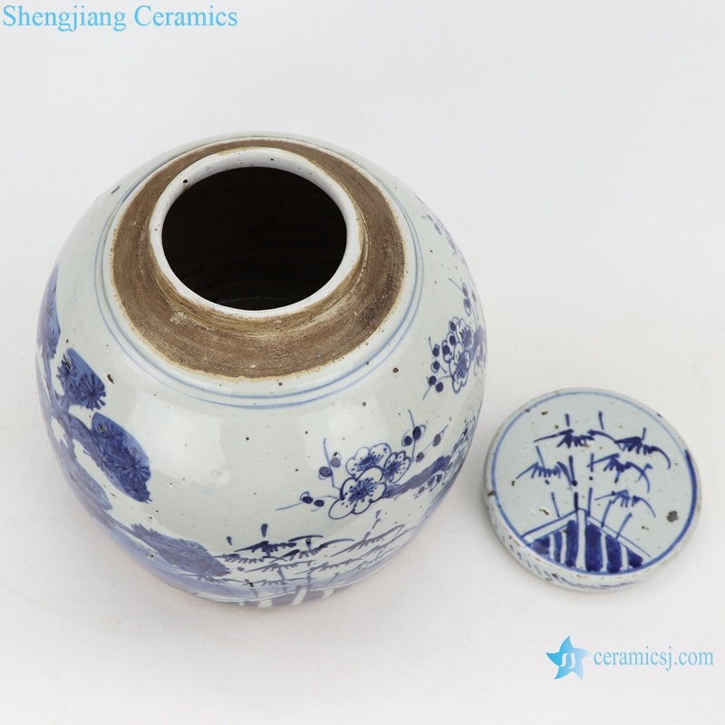  blue and white porcelain tea canister top view 