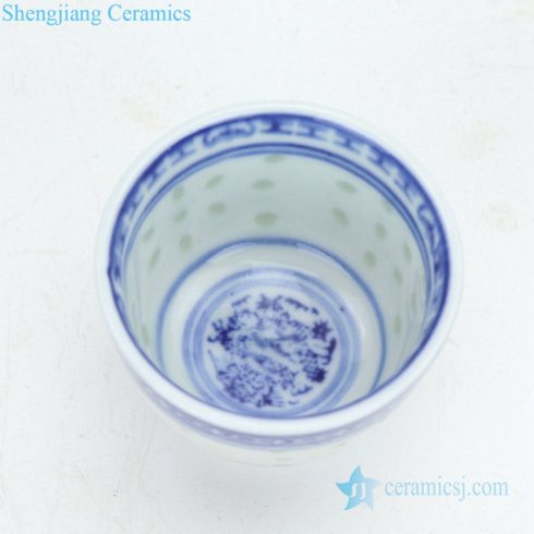 Blue and white porcelain tea cups inside view