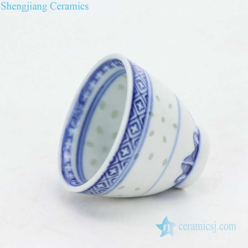 Blue and white porcelain tea cups side view
