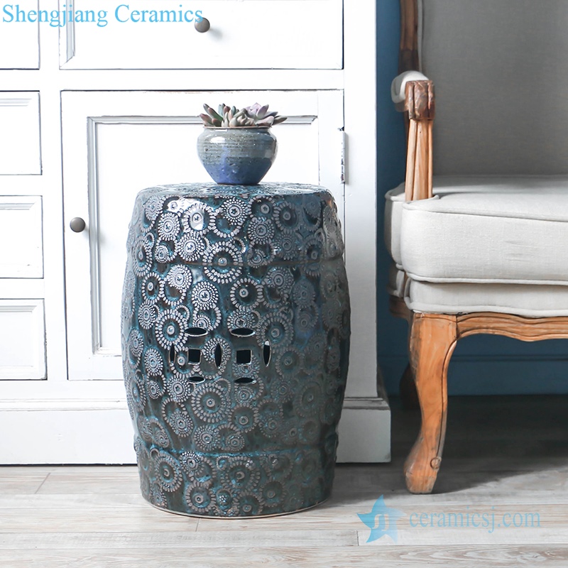 Dark Chinese exquisite relief design ceramic stool