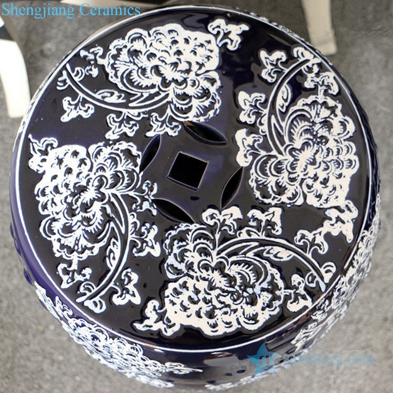 Archaize deep blue Chinese style porcelain stool top view 