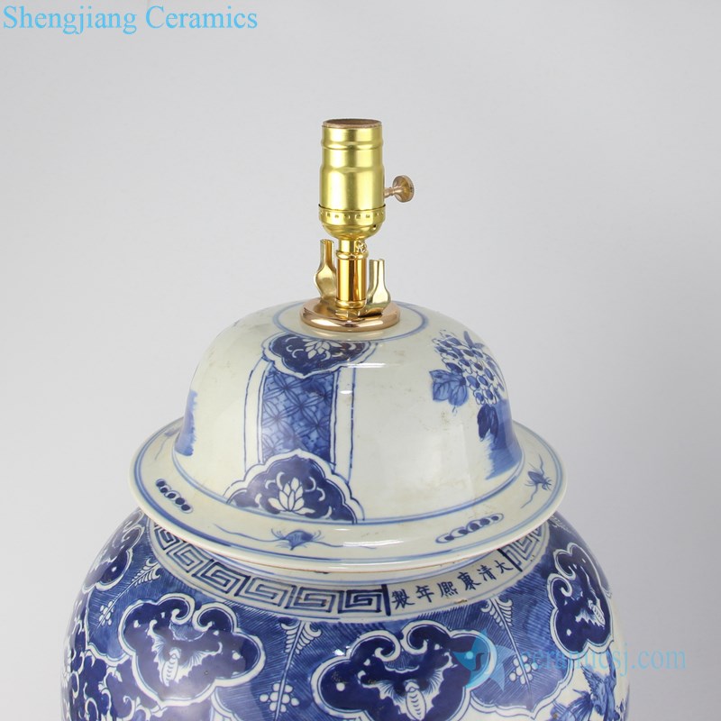 Blue and white hand-painted lamp shade detail