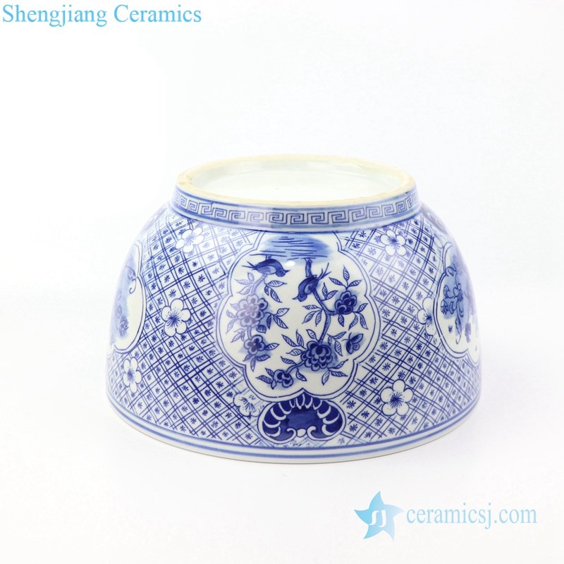 Chinese style blue and white fish bowl bottom view