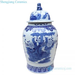 blue and white ceramic jar with lion's head shaped lid