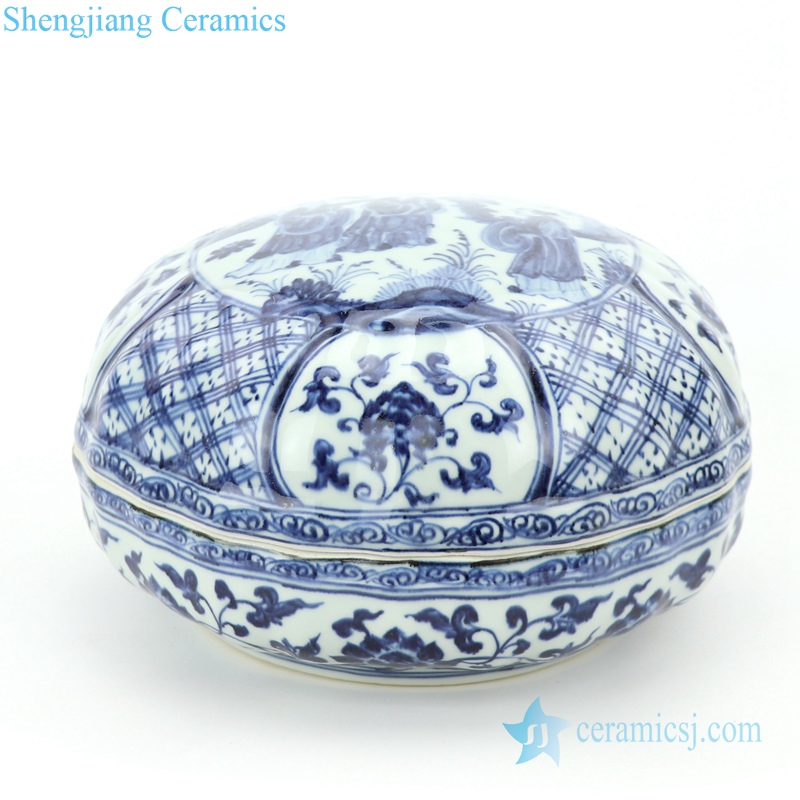 delicate blue and white covered ceramic jar