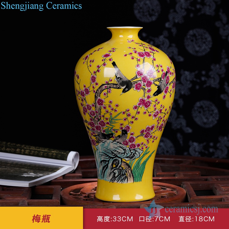 yellow porcelain vase with flower bird