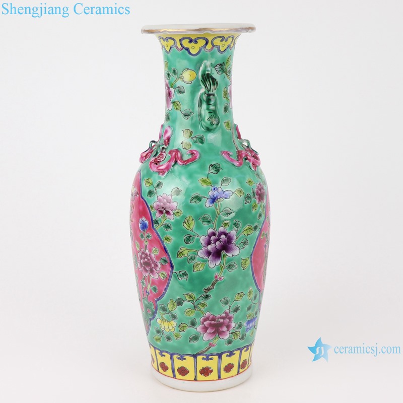 RZFA18 Chinese handmade two ears powder enamel vase green and pink color