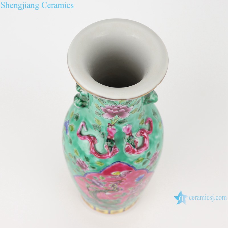 RZFA18 Chinese handmade two ears powder enamel vase green and pink color