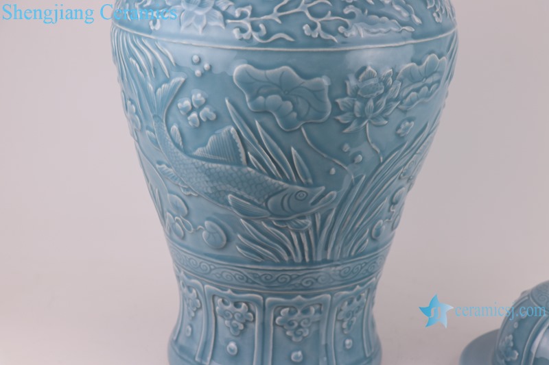 RZKO01-C Chinese light blue azure glaze carving ceramic storage jars