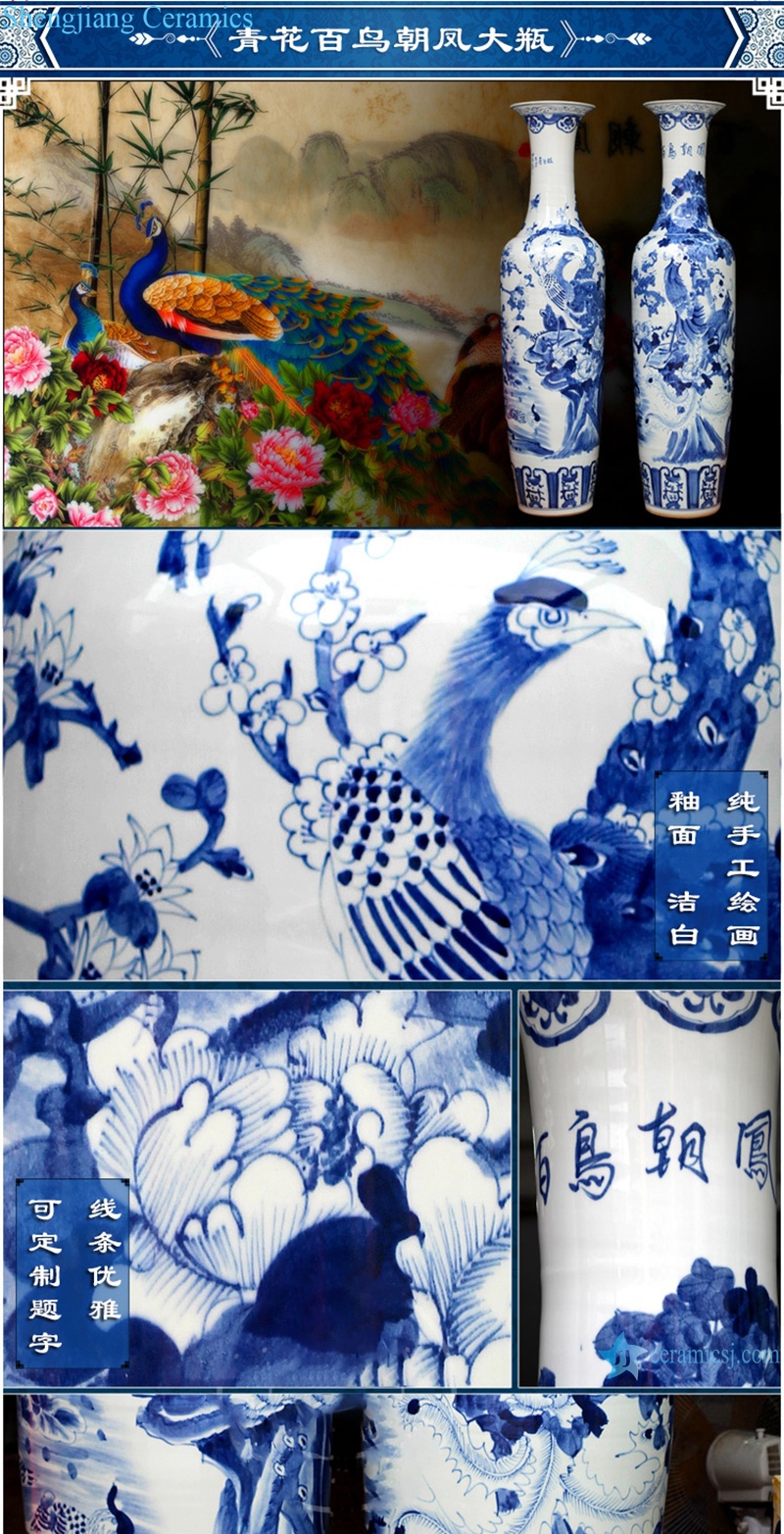 RZRi09-A Blue and white porcelain hand painted birds facing Phoenix large vases