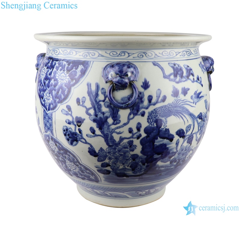 RZSC04 blue and white porcelain floral and fish pattern with four ears ceramic storage pots