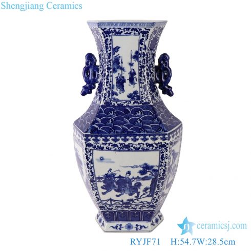 Blue and white two-aural figure polygon shape porcelain vase for home deco