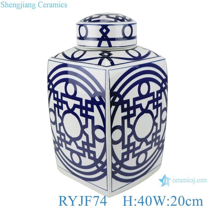 RYJF74 Blue and white square porcelain pot with geometric design