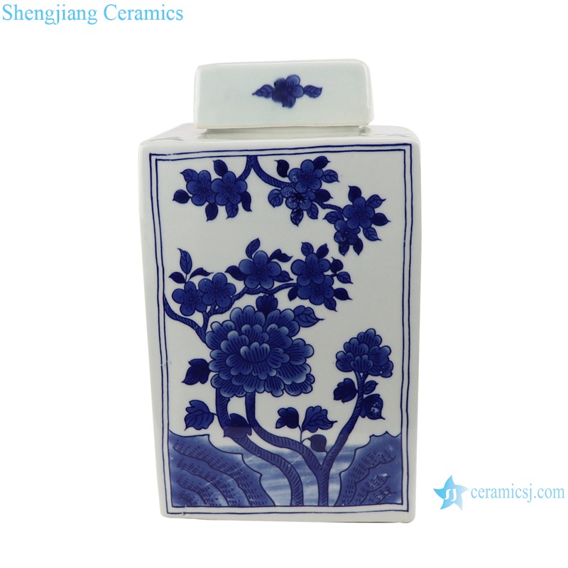 Blue&white flowers and birds landscape pattern square pot tea canister
