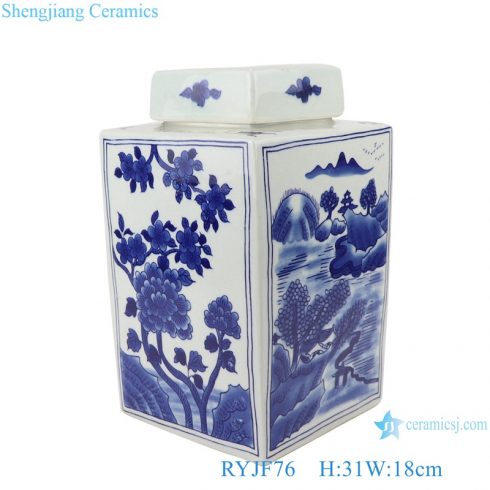 Blue&white porcelain flowers and birds landscape pattern square pot tea canister with cover