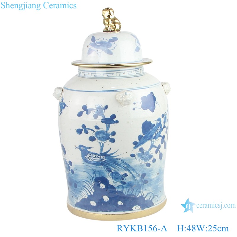 RYKB156-A Jingdezhen handmade ceramic blue and white storage ginger jar flower patterns with gold lion 