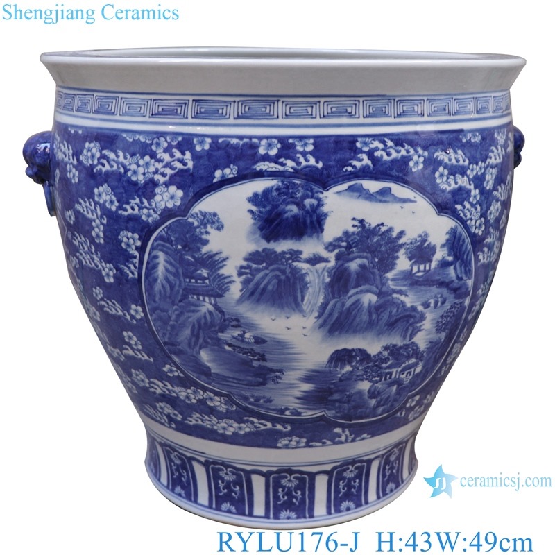 RYLU176-J Blue and white ceramic window open lion head landscape pattern fish tank