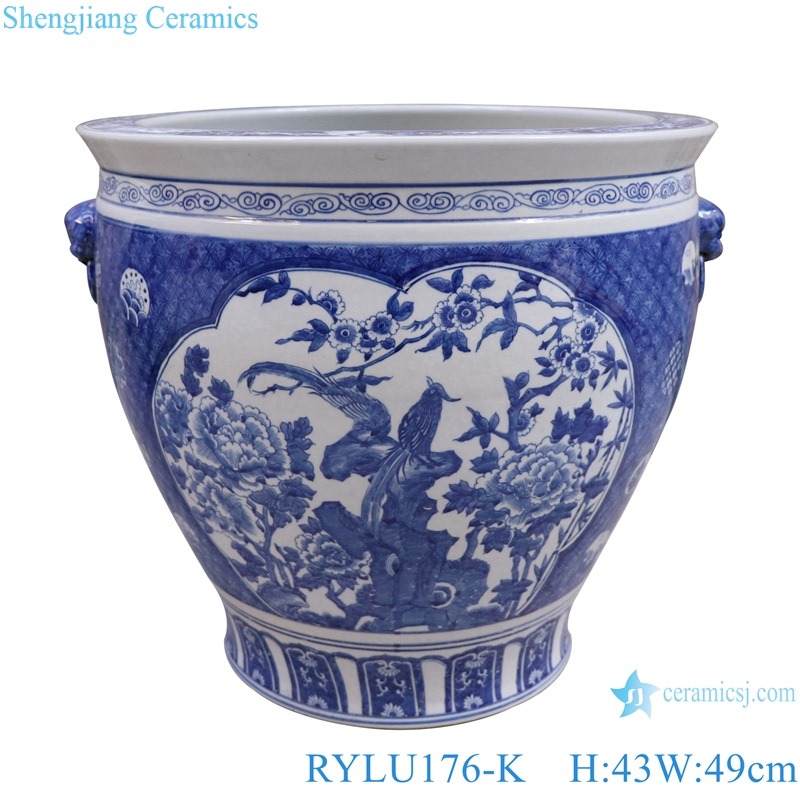 RYLU176-K Blue and white window open lion head big tank of flowers and birds ceramic large fish pond