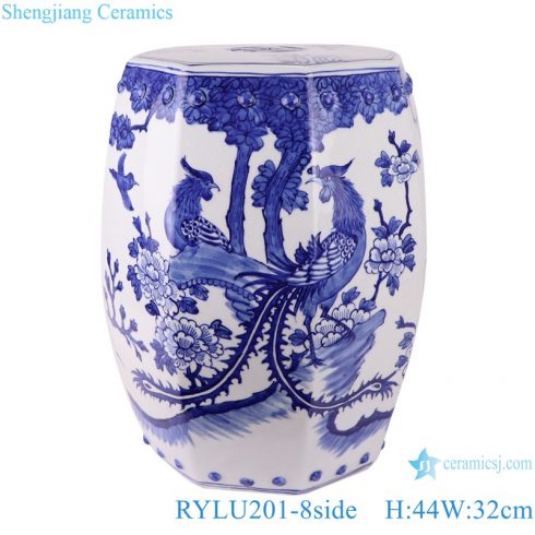 RYLU201-8side Blue and white phoenix design ceramic garden chair stool