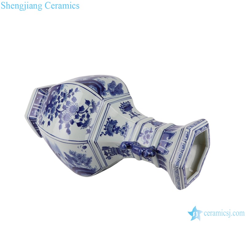 RYUK41 Blue and white flower ceramic vase with ears and octagons-profile