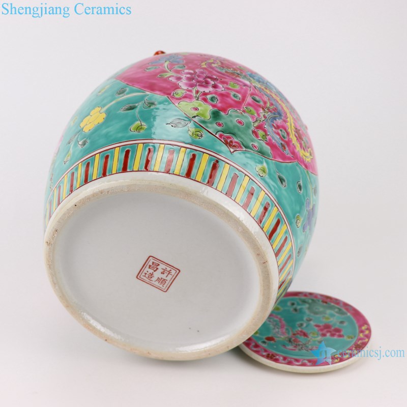 Pastel enamel storage porcelain pot phoenix pattern with lid multi-color background-profile-bottom