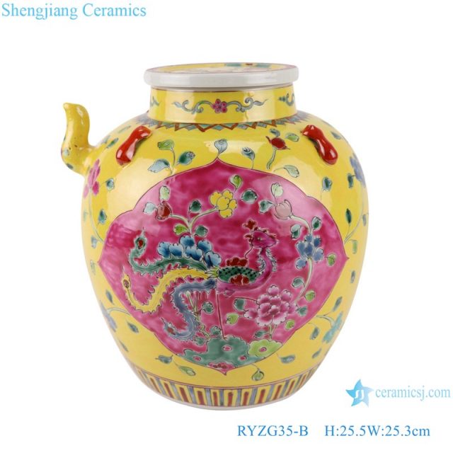 RYZG35-B Pastel enamel Yellow glazed phoenix pattern storage porcelain pot storage pot with cover