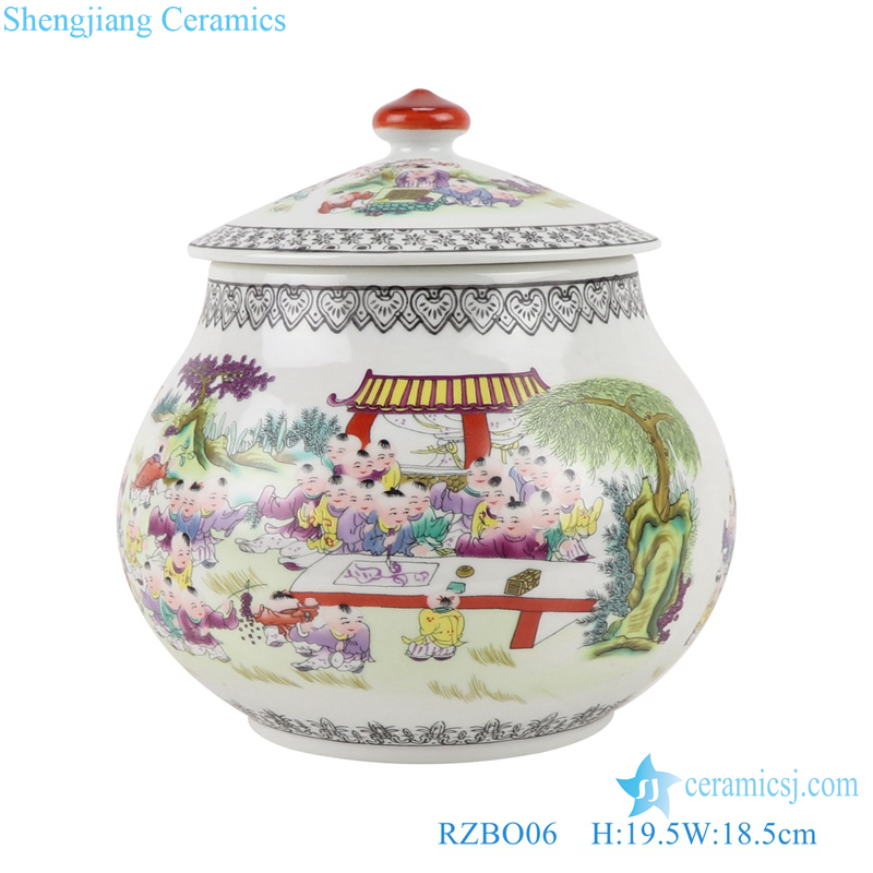 Famille rose figures children Playing Porcelain canister storage jar with lid