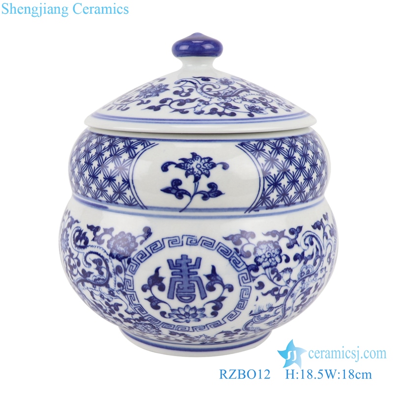 RZBO12 Blue and white porcelain twigs lotus text design Ceramic tea canister pot