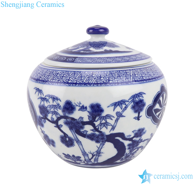 Blue and white flowers&birds, pine, bamboo and plum design tea canister storage tank