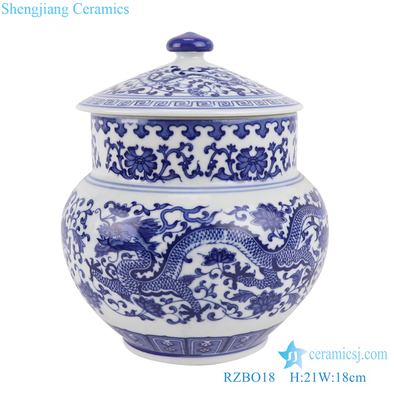 RZBO18 Blue and white porcelain lotus dragon pattern tea canister storage jars with lid