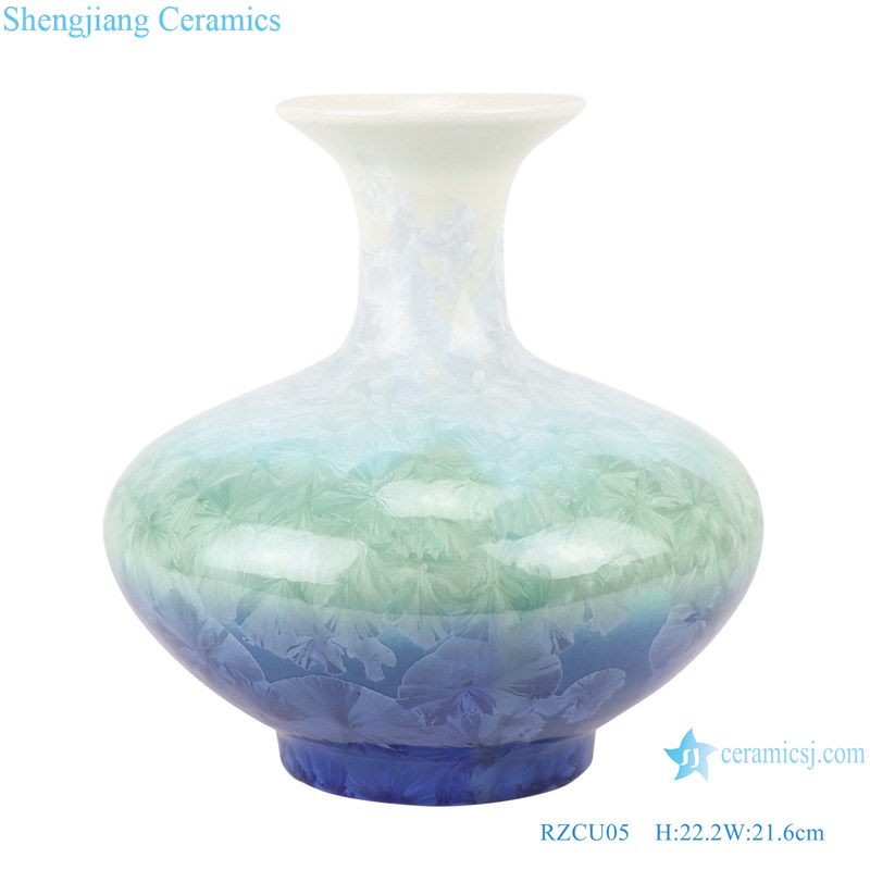RZCU05 Crystalline glazed white green blue flask with flat belly decorative porcelain vase