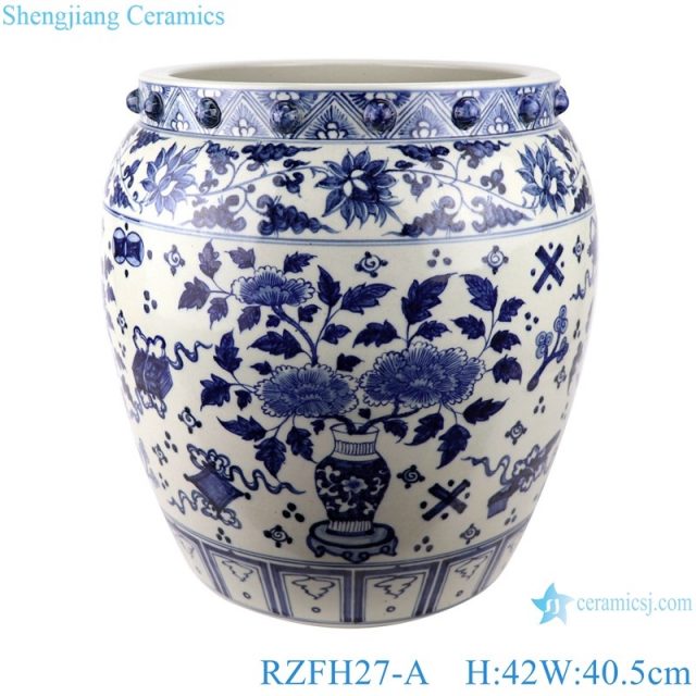 RZFH27-A Blue and white twining lotus bogu grain flowers design porcelain large fish tank