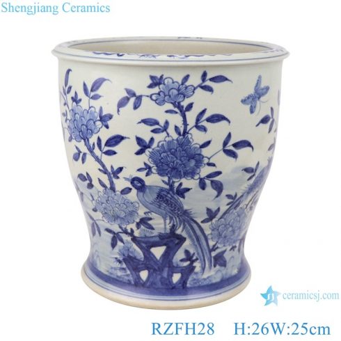 RZFH28 Blue and white flower and bird design ceramic tall flower pot