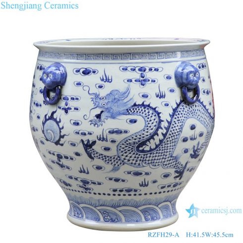RZFH29-A Blue and white porcelain lion head dragon play bead grain big ceramic pot