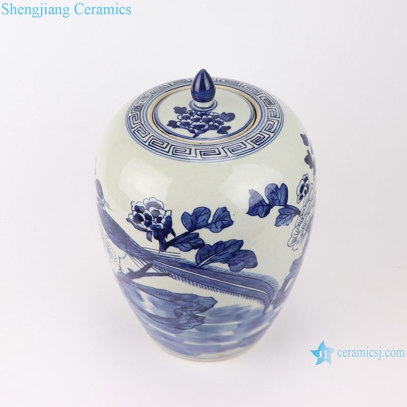 RZGC14-A Blue and white flower and bird design ceramic storage jar-profile
